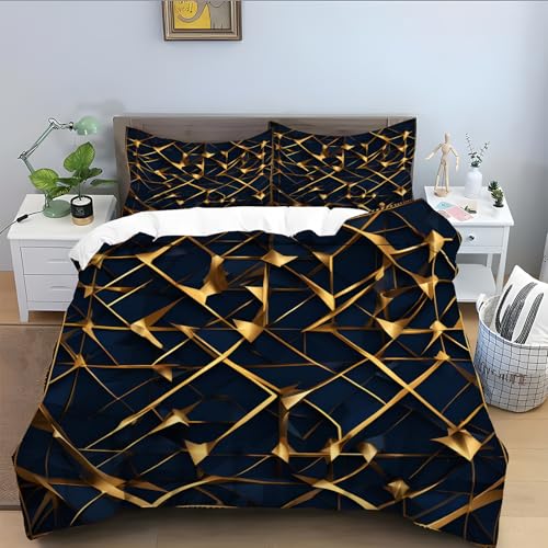 Bettwäsche 135x200 Kinder für goldene Linien,Blau Bettwäsche Set 3 Teilig, Mikrofaser Bettbezug 135 x 200, Bettbezüge mit Reißverschluss Schließung und 2 Kissenbezug 80x80 cm-Blau A531