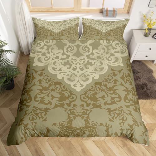 Homewish Vintage Damast Bettbezug Set Gothic 200x200 Bettwäsche Sets,Viktorianische Tröster Bezug Beige Barock Blumen Gothic Bett Set Antike Floral Böhmische Dekor,Braun