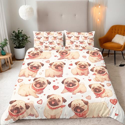 Bettbezug 220x240 Set Süßer Mops Motiv Bettwäsche 220x240 3-teilig Tier 3D Druck Mikrofaser Bettbezügen mit 2 Kissenbezügen 80x80 cm und Reißverschluss Eckbänder