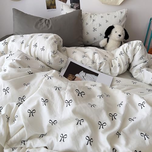 Covebett Bettwäsche 135x200 Weiß Schwarz Schleifen Microfaser Bettbezug Set Weich Aesthetic Mädchen Kinder Schleifenmuster Deckenbezug und Kissenbezug 80x80 mit Reißverschluss