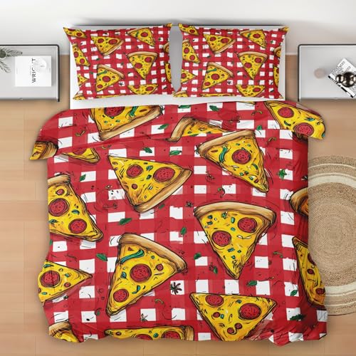Generisch Pizza Bettwäsche 200x220 3 Teilig - Rot Weiß Kariert Bettwäsche-Sets, 1 Bettbezüge 200x220cm + 2 Kissenbezüge mit Reißverschluss, Gourmet Essen Bettzeug Weich und Bügelfrei L244y