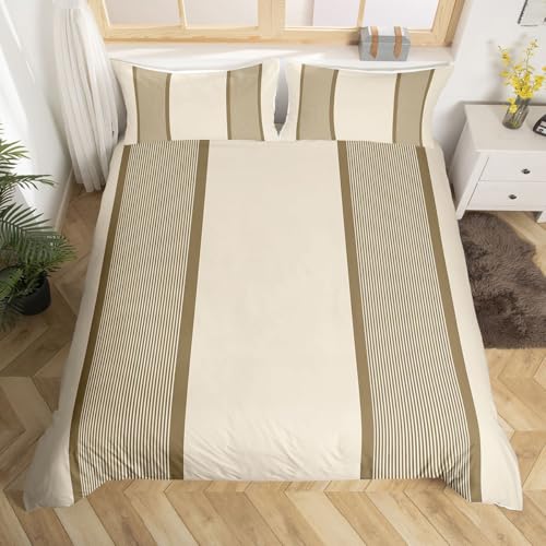 Homemissing Beige Braun Bettwäsche Set 200x200cm Geometrische gestreifte Bettbezug mit Reißverschluss Moderne Kunst mit 2 Kissenbezüge Bettwäsche-Set
