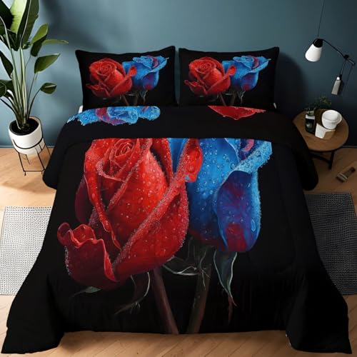 3D Ölgemälde Mit Blauen Und Roten Rosen Bettdecke ohne Bezug 135 x 200 cm Warme und Weiche Schlafdecke Steppdecke mit 2 Kissenbezügen, Bettwäsche für Allergiker Bettbezug, Schwarz