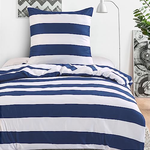 HENGWEI Blau Bettwäsche 135x200cm 2teilig Set Extraweiches Bettwäsche-Sets für Einzelbett Hochwertiges Mikrofaser Bettbezug mit Kissenbezug 80x80cm, Blau Weiß Streifen