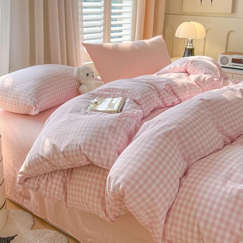 Covebett Bettwäsche 140x200 Kariert Rosa Weiß Karo Muster Modern Bettbezug Set Landhausstil Geometrisch Karomuster Renforce Gewaschene Microfaser Deckenbezug und Kissenbezug 70x90 Reißverschluss