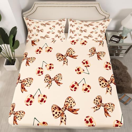 feelingyou Hübscher Schleifenknoten Einbaublech S Größe Mädchen Leopard Druck Krawatte Bettdeckung, 1 Kissenbezug Kawaii Kirsche Bettwäsche Set für Jungen