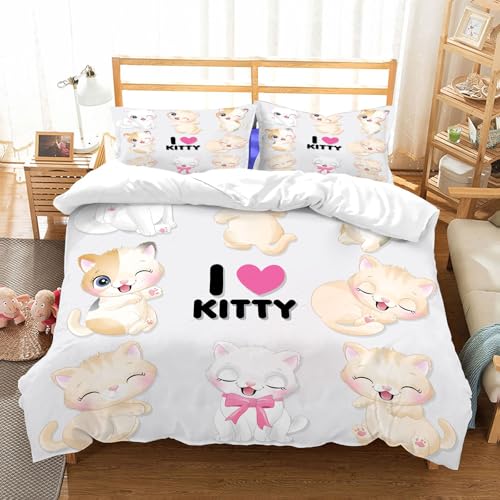 NIOYNJIS Bettwäsche Set 100% Baumwolle ist,Niedliche kleine Katze mit Aquarellillustration,und allem auch für Personen mit Hautsensibilisierung empfohlen 200x228cm