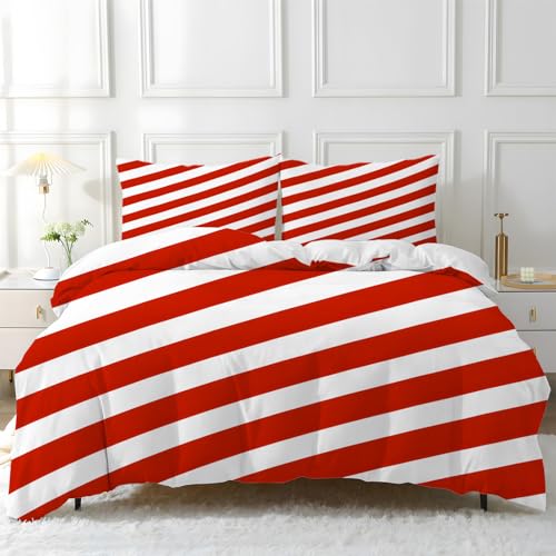 HYSNKSM Bettwäsche 135x200 SchöNe Streifen Bettwäsche Sets 3Teilig Mikrofaser Bettbezug 135 x 200 und 2 Kissenbezug 80x80 cm Kuschelige Bettbezüge Rot-Weiß Kariert mit Reißverschlus B495