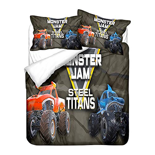 NICHIYO Monster Trucks Bettwäsche-Set – Bettbezug und Kissenbezug, Mikrofaser, 3D-Digitaldruck, dreiteilige Bettwäsche (10, Einzelbett 135 x 200 cm)