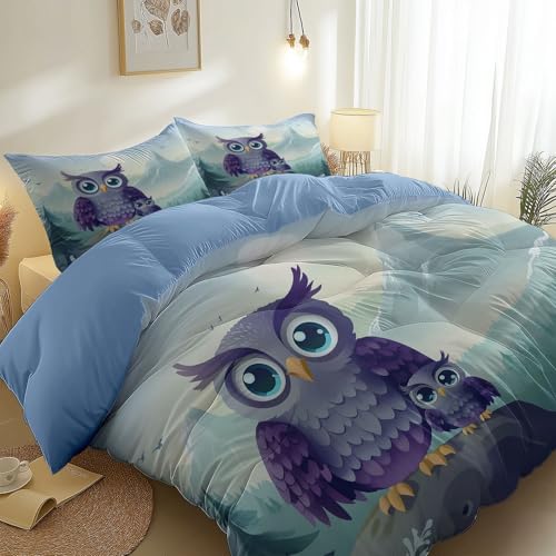 Bettbezug Reversibel Cartoons Wald Eule Drucken mit Reißverschluss und 2 Kissenbezug 80 x 80 cm, Weich Microfaser Bettwäsche-Sets für Schlafzimmerdekoration 135 x 200 cm, Hellblau