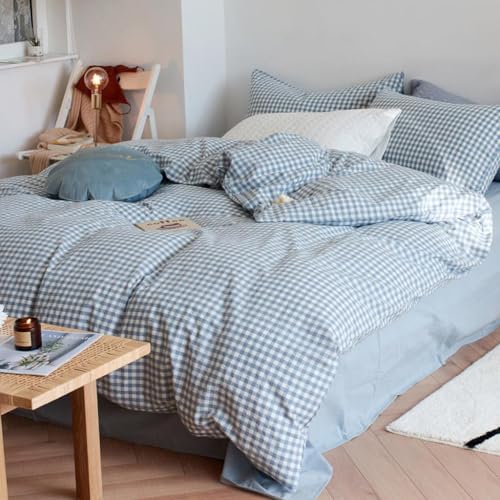 Lanqinglv Bettwäsche Kariert Blau Weiß,Renforce Bettwäsche Reißverschluss,ÖKO TEX Bettwäsche Gitter für Allergiker Geeignet,1 & 1 Kissenbezug
