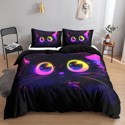 HOSIMA Cartoon-Katze-Bettwäsche -Set für Erwachsene, Jungen und Mädchen, Cartoon-Katze-Druck, Bettbezug mit 2 Kissenbezügen (Cartoon-Katze S)