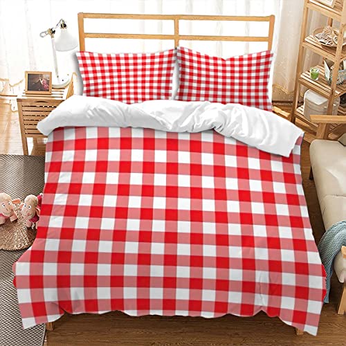 huitutu Rot Kariertes Bettwäsche-Set 155x220cm Rot und weiß gestreifte Karierte Mikrofaser Bettbezug Junge Mädchen Karierte Bettwäsche und 1 Kissenbezug 80x80cm