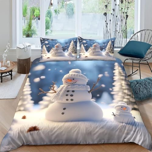 Bettwäsche 3 Teilig Mit 1 Bettbezug Und 2 80X80Cm Kissenbezug, 3D Schneemann Weihnachten Druck Microfaser Bettwäsche-Set Bettbezüge Set Bettwäsche Set 90X190 Cm - Komfortabel Anti-Allergi -18295216988