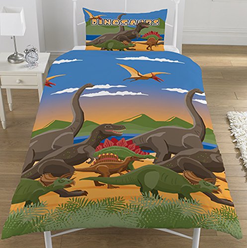 KidCollection Bettbezug für Einzelbett/Doppelbett, Dinosaurier-Welt-Motiv, Dinoherde, Bettwäsche-Set „Jurassic“ (Einzelbettbezug)