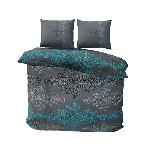 Class Home Collection Bettwäsche 200x200 Baumwolle – Ganzjahres Bettwäsche-Sets, weich & atmungsaktiv, Bettbezug und Kissenbezug 80x80 cm mit Reißverschluss Aura Petrol