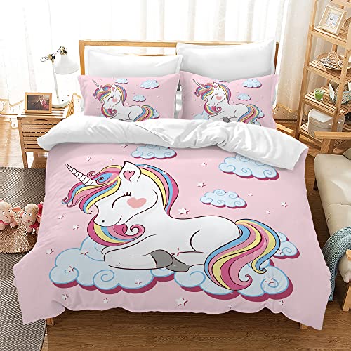 PQCXXA Kinder Einhorn Bettwäsche Mädchen-Bettwäsche Set Rosa 3D Cartoon Einhorn Bunt Blume drucken Bettbezug Set mit Reißverschluss und Kissenbezug 50x75cm (Rosa Sterne, 135x200 cm)