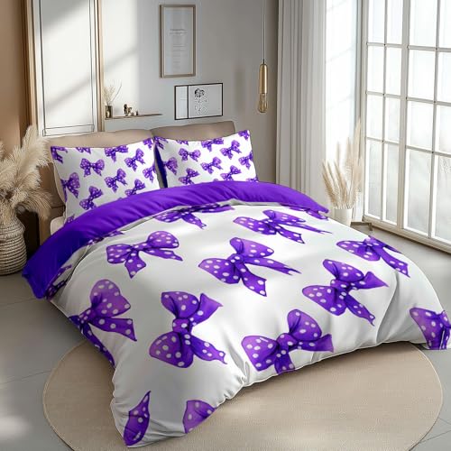 Generisch Bettbezug Set Minimalistisch Punkte Schleife 135 X 200 cm 2 Teilig Kinder Bettwäsche Set Mikrofase Für Erwachsene Jungen Mädchen Teenager, Modern 3D Druck Bettbezug Lila