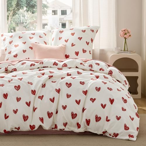 BEDSURE Bettwäsche 200x200 3teilig Herzen - Bettwäsche-Sets Weiß Herzen Bettbezug 200x200 mit 2 Kissenbezüge 80x80 cm, Oeko-TEX Bedding Muster Rot Herz mit Reißverschluss