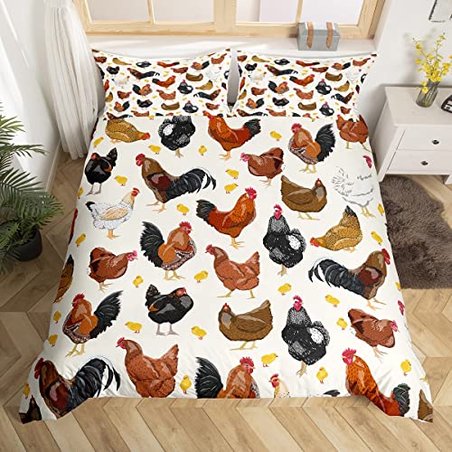 Hühner Tröster Bezugsset 135x200.Rustikale Hahn Henne Bettbezug für Teen Erwachsene Schlafzimmer Dekor, Bauernhof Tiere Bettwäsche Set mit Reißverschluss Verschluss 1 Kissenbezug, Orange Schwarz Weiß