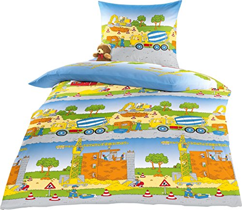 Bierbaum Kinder Bettwäsche Baustelle Baufahrzeuge 2325 Renforce 80 x 80 135 x 200 cm