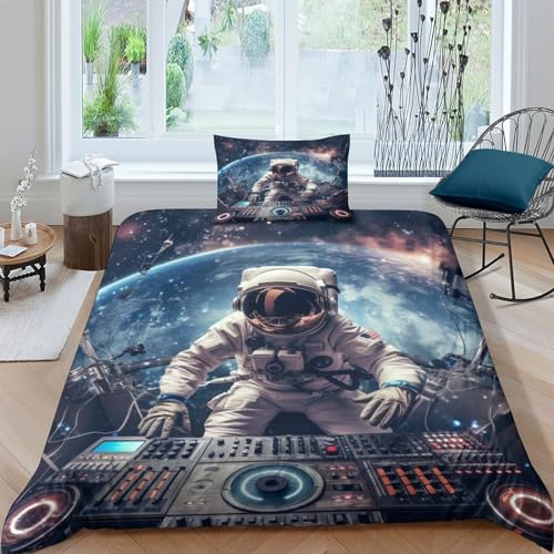 CRJUS dj Astronaut Kinder Bettwäsche Print Mikrofaser Bettbezug Mit Kopfkissenbezug, Jungen Teens Kosmos Bettwäsche Set Kinder Erwachsene, Weich Haltbar Atmungsaktive Single?135x200cm?
