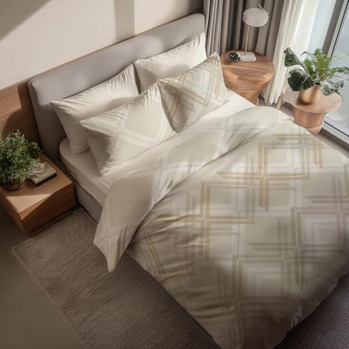 DILIOS Premium Bettwäsche 135x200 4-teilig Bettbezug - Bettwäsche-Sets 135x200 cm mit 2X Kissenbezug 80x80 cm, 2X Bettbezug, Atmungsaktive Baumwolle mit Reißverschluss, Beige, Weiß, Gold