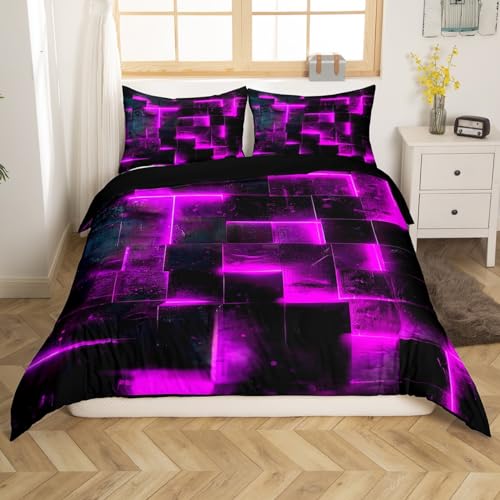 Homewish Schwarz und Lila Bettbezug Modern Abstract 135x200 Bettwäsche Set,3D Glühende Plaid Tröster Abdeckung Gradient Gitter Bett Set,Neon Quadratische Bettwäsche (Schwarz Reversibel)