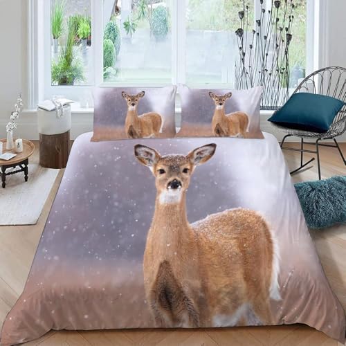 Hirsch Bettwäsche 135x200 3D Druck Wildtiere Bettbezug Weiche Mikrofaser Bettwäsche-Sets 3 Teiliger Bettbezüge mit Reißverschluss und 2 Kissenbezüge 80x80 cm h.5276