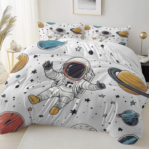 Bedruckte Bettwäsche 135 x 200 cm 3 teilig, Weiß Wendedesign mit Reißverschluss Knitterfrei Reißfest Bettwäsche-Sets - Cartoon Astronaut Planeten Sterne Weiche Mikrofaser Bettbezug für Teenager