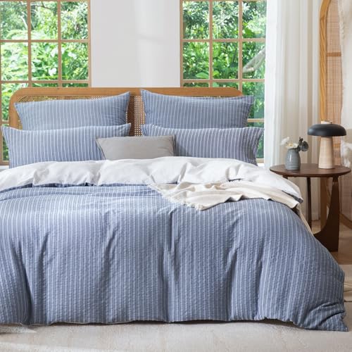 SOULFUL Bettwäsche 135x200 Baumwolle Gestreift,100% Gewaschene Baumwolle Jacquard Textur Bettwäsche-Set Enthält 1 Bettbezug 135x200 und 1 Kissenbezug 80x80,Öko-Tex 100 Zertifiziert,Denim Blau