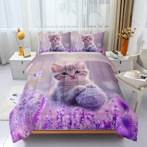 HOTRCR 3-teiliges Bettwäsche-Set mit süßem Kätzchen-Lavendelmuster, lila Katze, Bettwäsche-Set für Mädchen und Erwachsene, Schlafzimmer- oder Raumdekoration, Ganzjahres-Mikrofaser-Ste ppdecke mit 2