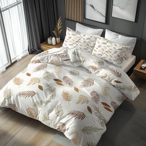 Generisch Blätter Bettwäsche 135x200 2er Set Mit Modern Schlicht Blatt Beige Brauner Muster, Bettbezug Set Bügelfreie Bettwäsche Mit Reißverschluss, Kissenbezug, Blätter Deko