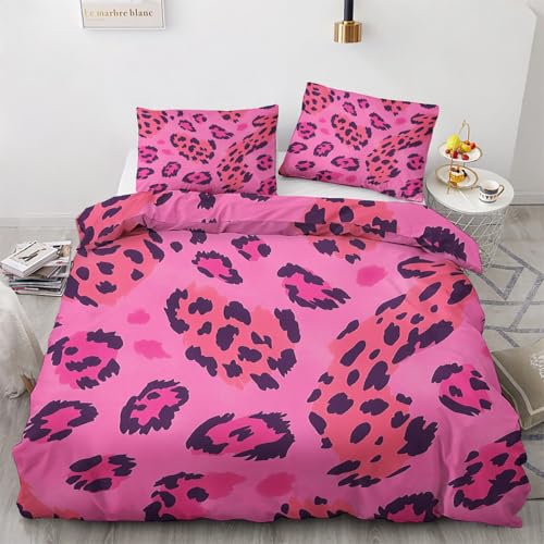 Hot Pink Leopardenmuster Bettwäsche 155x220 - Gepard Tiermuster Bettbezug 155x220 3 Teilig, Weiche & Angenehme Bettbezüge & 2 Kissenbezug 80x80, Bettwäsche-Sets mit Reißverschluss X#&-250