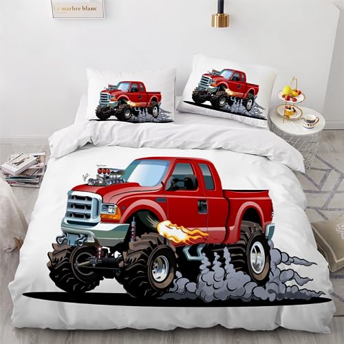JIARAO Bettbezug Bettwäsche Set Dunkle Serie Weiche Mikrofaser 3D Monster Truck Bettbezug Set 135x200 cm mit Reißverschluss Rotes Cartoon-Auto Kuschelig Bettbezüge mit 2 Kissenbezug 80x80 cm