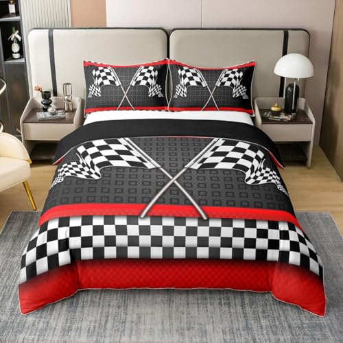 Castle Fairy Bettbezug-Set in voller Größe, Rennwagen-Motiv, 100 % reine Baumwolle, schwarz-weiß, karierte Flagge, Bettbezug-Set, rote Streifen, geometrisches Gitter, kariert, Bettwäsche-Set, 3-teilig