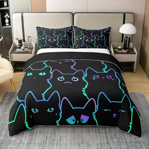 Kawaii Cartoon Katze 100% Bio Baumwolle Bettwäsche Set Reversibel,Nette Tier Bettbezug Gradient Line Neon Schwarz Katze Tröster Bezug 200x200,Aquarell Kätzchen Haustier Katzen Bettwäsche Abdeckung