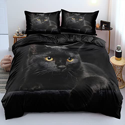 DXHOME Katzen Bettwäsche 135x200 3D Haustier Wendebettwäsche 2 teilig Flauschige Weich Schwarz Mikrofaser Bettwäsche Jugendliche Mädchen Jungen Einzelbett mit Reißverschluss und 80x80 cm Kissenbezug