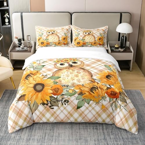 Nette Eule 100% Baumwolle Bettbezug, Bauernhaus Stil Botanische Sonnenblumen Blätter Bettwäsche Set für Schlafzimmer, Stil Checkers All Season Bettwäsche Reißverschluss Verschluss 135x200 Größe