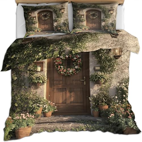 Bettwäsche 200x200 Europäische Stadt 3D Druck Bettbezug 200x200 Landhausstil Bettwäsche-Sets Weiche Mikrofaser Bettwäsche Set 3 Teilig Bettbezüge für Doppelbett mit 2 Kissenbezüge I-1041