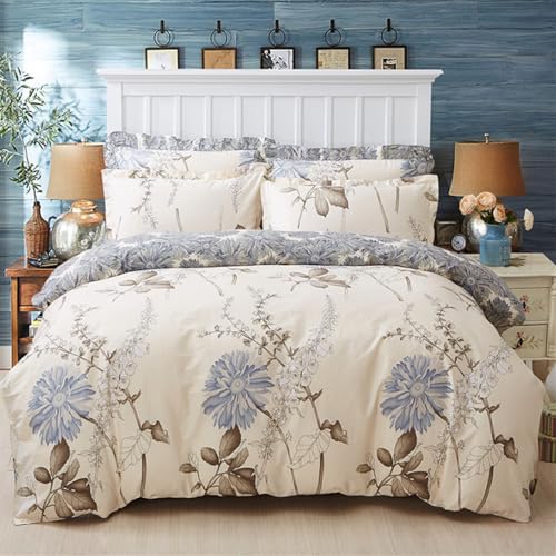 Freyamy Blumen Bettwäsche 200x200cm 3teilig Beige Bunt Floral Elegante Bettwaren-Sets 100% Microfaser Weiche Mädchen Bettbezug mit Reißverschluss und 2 Kissenbezug 80x80cm