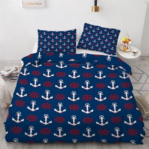 ROUSKI Bettwäsche Anker 200x200 cm 3teilig 100% Leicht Mikrofaser Bettbezug Ozean Maritim Wendebettwäsche mit Reißverschluss 3D Motiv Zimmer Dekor Bettwäsche-Sets mit 2 Kissenbezüge 80x80