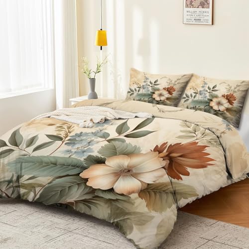 Bettwäsche-Set 230 x 220 cm wendbare Bettbezüge Blumen Europäisch Klassisch Elegant Polyester-Baumwoll-Mischg ewebe Bettbezug Set für Jungen Mädchen Jugendliche Kinder Braun Blau