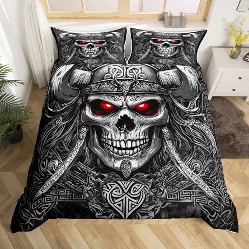 Viking Pirate Bettbezug Set S Größe,Männer Jungen Teens,Gothic Zucker Schädel Bettwäsche Set,Viking Axt Muster Tröster Abdeckung Kinder Erwachsene Dekor,Schwarz Cool Grey Reverisble Quilt Cover