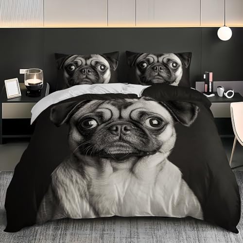 Mikrofaser Bettwäsche Set 3-teilig mit Reißverschluss – Schwarz Bettbezug 180x200 cm und 2 Kissenbezüge 80x80, Niedliches Mops-Muster Weiches Atmungsaktives Bettdeckenbezug für Erwachsene