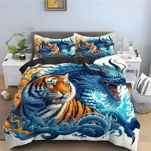 YZQGLHP Bettbezüge 135x200 Tiger, Bettwaesche Drachen, Bettbezug Mikrofaser 3teilig, Bettwäsche Weich Atmungsaktiv und 2 Kissenbezüge 80x80 cm, mit Reißverschluss