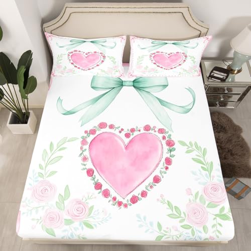 Rosa Bowknot Liebe Spannbettlaken L Größe,Rose Blume Bettwäsche Sets für Kinder Mädchen Frau Zimmer Dekor,Süße Cartoon Bogen Bettlaken Aquarell Prinzessin Stil Tiefe Tasche Blatt,1 Kissenbezug
