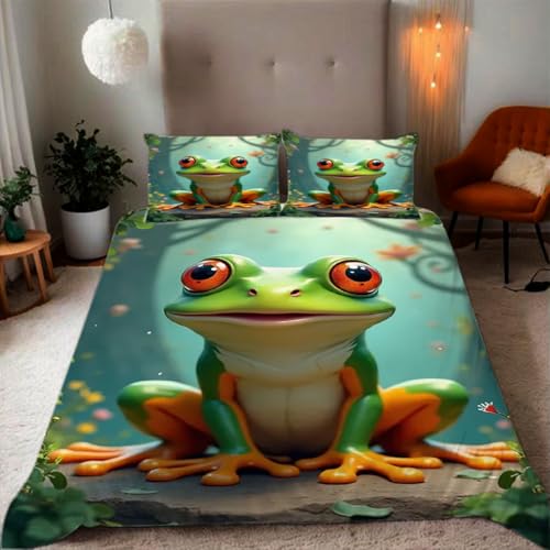 Zbeiba Cartoon-Frösche Bettwäsche 135x200,Kinder Mikrofaser Bettbezug mit Reißverschluss und 2 Kissenbezüge(135x200+2 * 50x75,#3