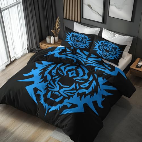 Blau Tiger Bettwäsche 180x200 Bügelfreie - Tiere Kopf Kunst Muster, Renforce Wendebettwäsche Bettbezug 3-teilig Set Cozy Mikrofaser Mit Reißverschluss, 2 Kissenbezug, Geschenk Blau Tiger, LS8011