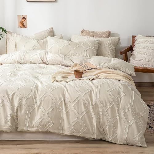 Tospass Bettwäsche 155x220cm Beige Getuftet Handgemacht Stickerei Boho Bettwäsche Set Vintage Shabby Chic Bettbezug Gewaschene Mikrofaser Deckenbezug mit Reißverschluss 1 Kissenbezug 80x80cm